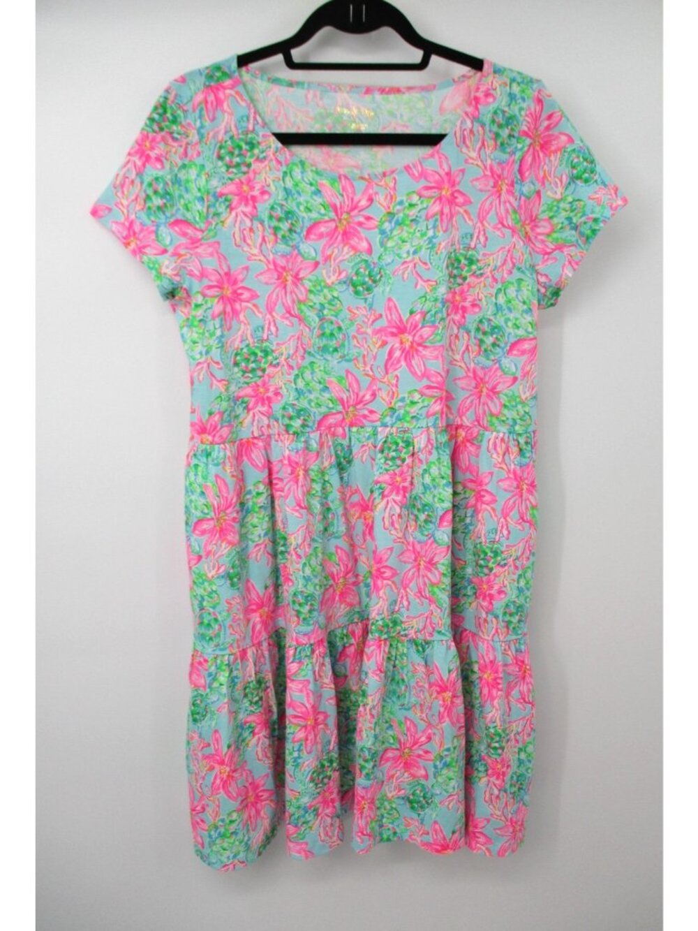 Lilly Pulitzer Geanna Short Sleeve Tiered Dress Womens Large Pink Green Turtle